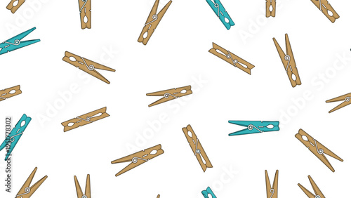 Clothespin pattern showcases a mix of wooden brown and teal plastic pegs scattered randomly across a clean white background.
