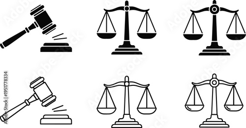 Justice law symbols with judge gavel and balance scales legal vector icon set
