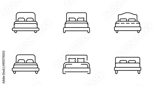 Sleep Bed Icon Set with Bedroom, Rest and Night Relaxation Symbols