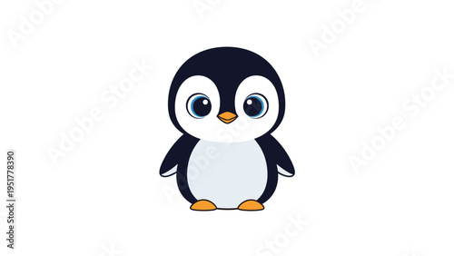 Cute baby penguin illustration depicts a small bird with large round eyes and a chubby body standing alone on a white background.