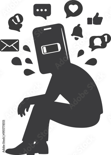 Digital Addiction Concept with Human Body and Smartphone Head Silhouette Isolated on White Background