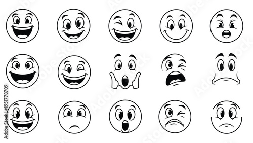 Collection of cartoon facial expressions and emoticons in black and white line art style for character design projects.