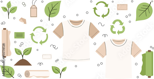Eco Friendly T Shirt Illustration Set with Sustainable Materials, Recycling Symbols, Organic Fabric Elements and Green Fashion Concept for Apparel Design Collection