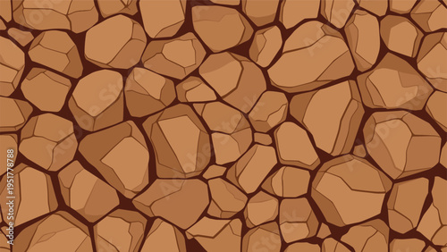 Seamless background pattern featuring brown textured stones and rocks of various shapes and sizes for architectural design.