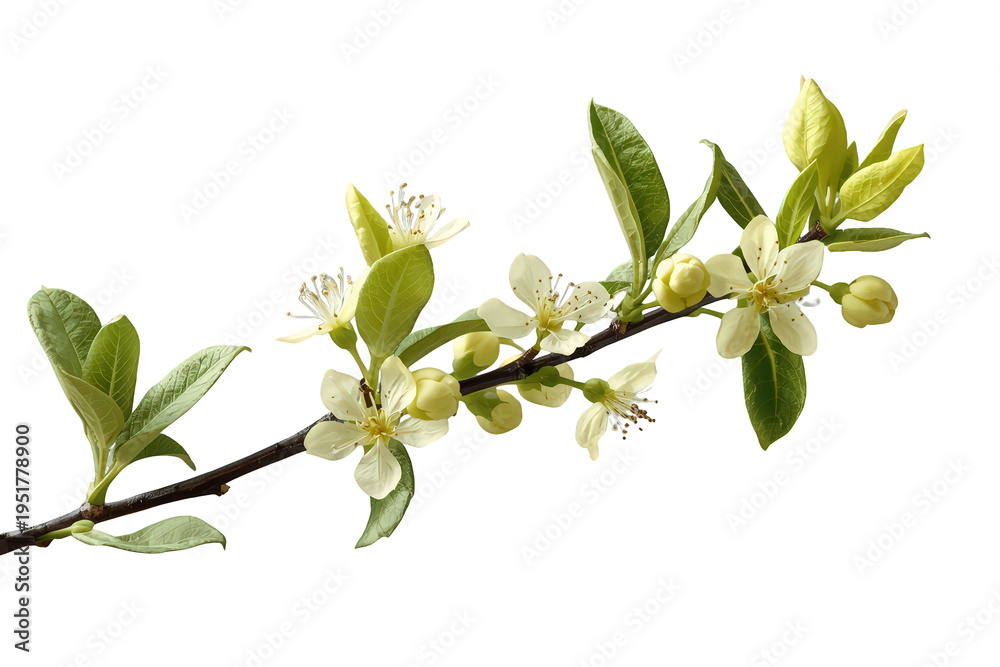 Fototapeta premium Branch of spring flowers blooming with white petals and fresh green leaves on a transparent background