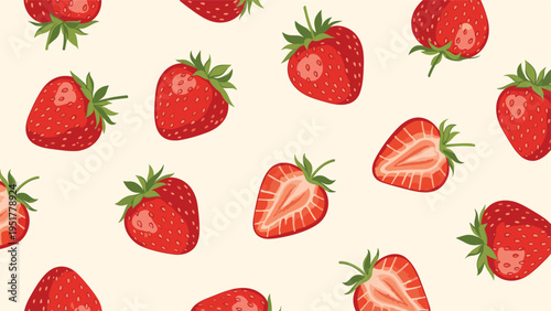 Seamless pattern of whole and sliced red strawberries on a cream background for textile and wallpaper designs.