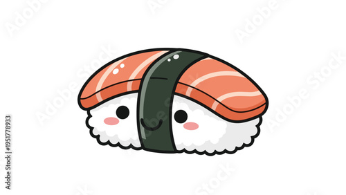 Adorable cartoon sushi character with a smiling face and pink cheeks representing Japanese cuisine on white background.
