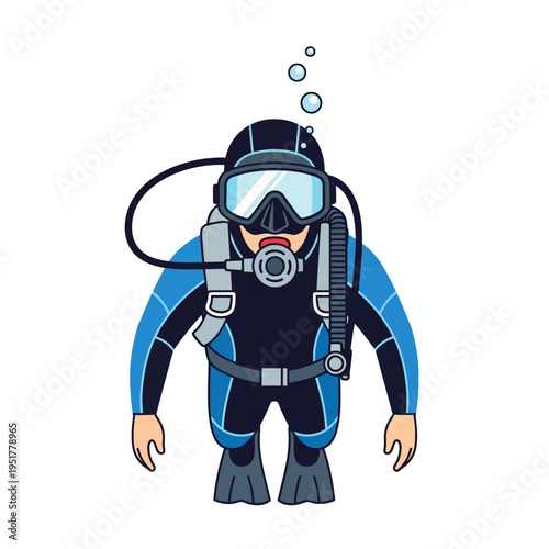 Scuba Diver Underwater, Diving Equipment, Blue and Black Wetsuit, Bubbles