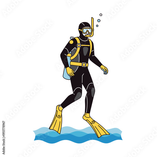 Scuba diver walking in shallow water with snorkel, mask, fins, and backpack