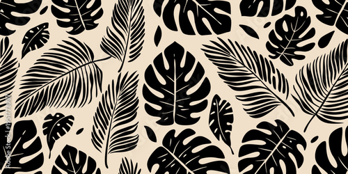 Seamless pattern of tropical monstera and palm leaves in black and beige