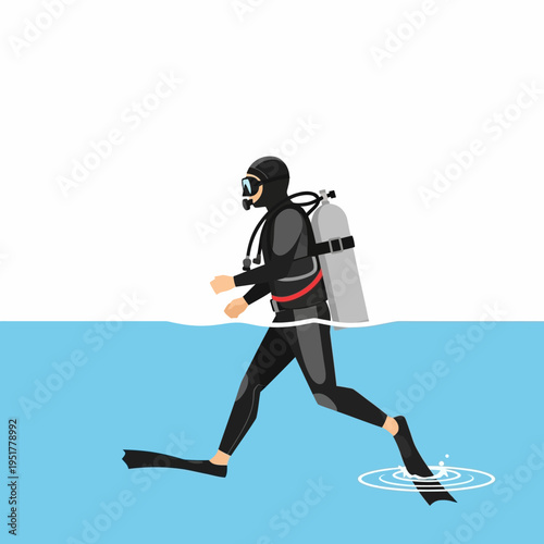Scuba Diver Walking On Water Surface With Fins And Oxygen Tank