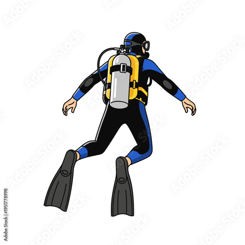 Scuba diver with yellow buoyancy compensator and grey tank underwater