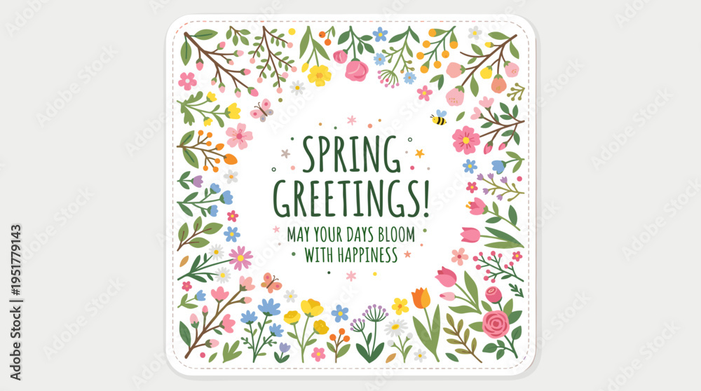 Naklejka premium A flower card design featuring spring floral plants with blooming branches on a square postcard, set against a botanical frame background filled with beautiful blossoms, delicate field sprigs, and