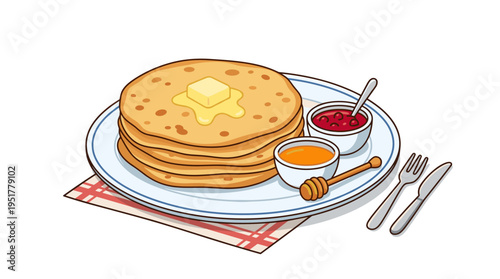 A plate of fried pancakes, blini, or crepes topped with butter, jam, and honey sits against a white backdrop, representing a classic Russian breakfast in a vibrant vector illustration