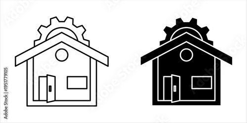 Smart home automation icon set with house and gear symbol in minimalist outline and solid glyph style.