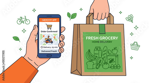 A hand grips a smartphone while holding a paper grocery bag, its contents outlined in contour lines against a green backdrop, depicting a modern food delivery or online grocery service in a creative