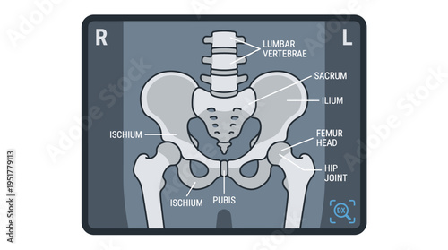 Front‑view X‑ray of a human pelvis or hip bone including the lumbar region, depicted as a flat cartoon vector illustration for medical disease detection