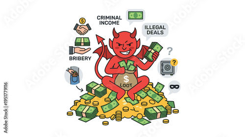 Flat vector illustration depicting dishonest earnings, featuring a devil clutching money and symbolizing criminal income, theft, bribery, illicit proceeds, and illegal deals, with a demon perched on