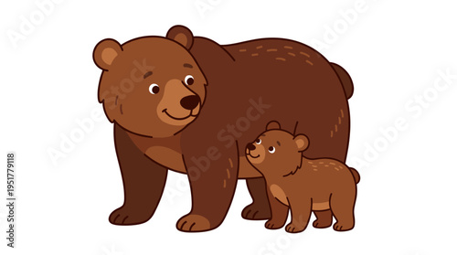 A brown bear and its cub stand alone against a white backdrop, depicting a charming family of wild forest carnivores in a flat, colorful cartoon vector style