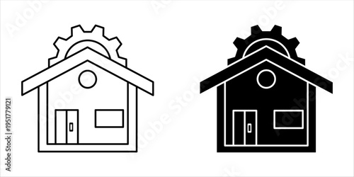 Smart home automation icon set with house and gear symbol in outline and solid style. Concept of proptech, intelligent building, and home maintenance.