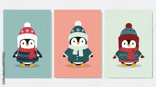 Three cute cartoon penguins wearing colorful winter hats, sweaters, and scarves displayed on three separate panels.