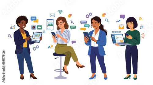 Female business professionals clutching gadgets, browsing the web on mobile phones and tablet PCs, illustrating an online communication theme with a flat vector image set against a white background