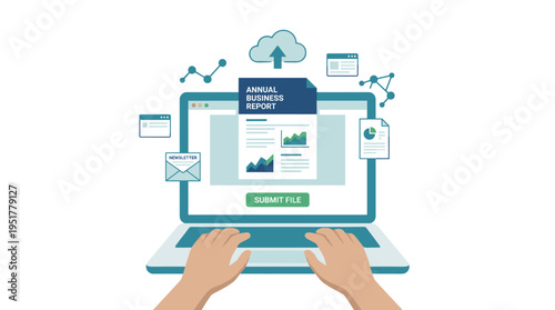 A digital document displayed on a laptop screen, being uploaded online, with data from the internet, a business report, and a newsletter shown on a computer monitor, all depicted as a flat vector