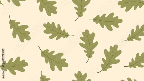 Simple seamless pattern of green oak leaves scattered across a light beige background for autumn and nature themes.