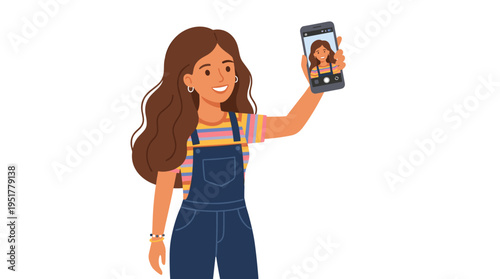 A young brunette woman holds a smartphone, taking a selfie with the front camera. She gazes at the phone screen showing her portrait, depicted in a vibrant flat vector illustration