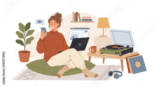 A contemporary woman in cozy, hygge-inspired loungewear chats while listening to vinyl records on a turntable at home, browsing the internet online, depicted as a flat vector cartoon isolated against
