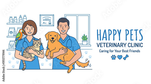 A horizontal banner features two veterinarians holding a dog, a cat, and a parrot, all smiling, illustrated with blue contour lines against a white background in vector style