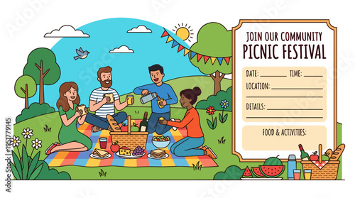 A poster, banner, or placard for a picnic that includes space for text and food, illustrated as an event or festival