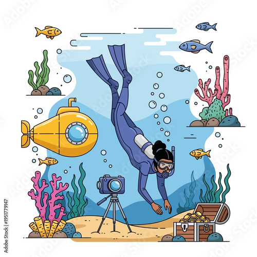Scuba diver photographing treasure chest and submarine underwater with coral and fish