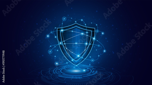 Abstract technology circuit board background with shield symbols concept of data protection and cyber privacy. modern security technology innovation concept background