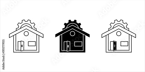 Smart home automation system icons with gear and open door.