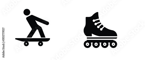 Skateboarding and roller skates silhouette icon featuring extreme sports gear for outdoor fitness training activity more vector illustration.