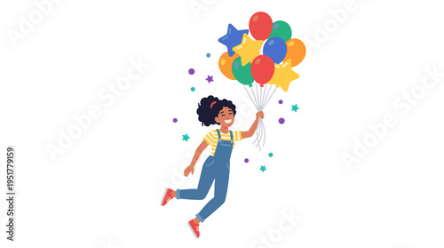 A cheerful girl ascends with a cluster of air balloons, while a delighted woman holds helium balloons, soaring upward with a smiling face to celebrate the holiday, depicted as a flat vector