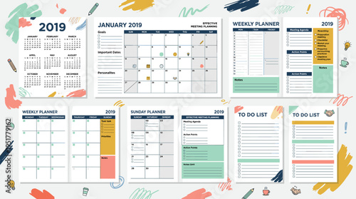 A 2019 calendar bundle featuring monthly and weekly planners, to‑do list templates, and backgrounds adorned with colorful smears, paint splashes, and scribbles—ideal for efficient meeting planning