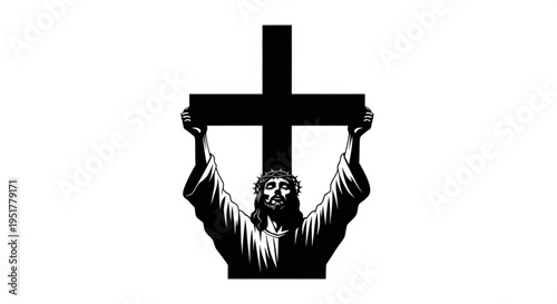 Jesus Christ Holding the Cross - Iconic Black and White Illustration