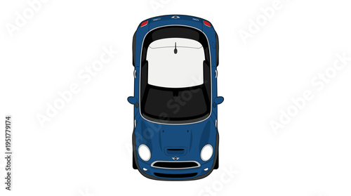 A top‑view illustration of a compact British mini coupe sedan, rendered as a flat vector graphic on a white background