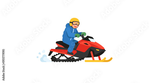 Zooming across the snow on a snowmobile, the cheerful rider enjoys the thrill of the motorized sleigh, a rugged vehicle perfect for adventures in icy conditions, all depicted in a clean flat vector