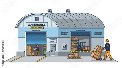 A warehouse featuring a circular roof, roller shutters, and a worker pushing a manual trolley, depicted as a commercial storage building on a white background in modern line art
