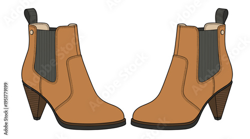 Stylish cone‑heeled suede boots for women, featuring an elastic fabric tab, presented in a modern, trendy design; the illustration is a colored flat vector of the shoes set against a white background