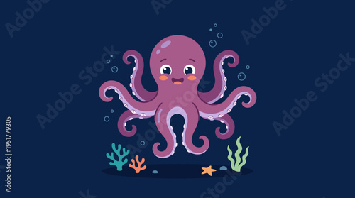 A bright octopus stands alone against a dark background, rendered as a delightful marine creature, endearing mollusk, seabed inhabitant, and aquatic being, showcasing exotic tropical sea fauna in a