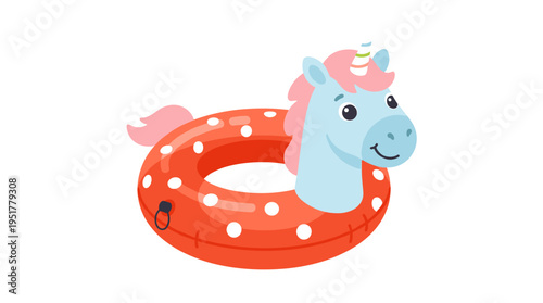 An inflatable rubber ring shaped like a whimsical horse with a horn, perfect for floating in summer pools or the sea, presented as a flat vector illustration on a white background