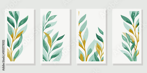 Four botanical wall art panels featuring delicate green and gold foliage