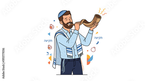 A contemporary Jewish man depicted in a flat vector illustration, blowing a colorful Shofar while wearing a kippah against a white background