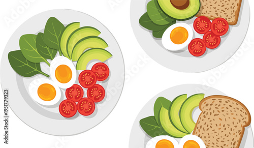 Healthy Breakfast Plate Illustration with Avocado, Eggs, Spinach, Tomatoes and Whole Grain Bread, Fresh Organic Food Composition for Nutrition and Diet Design