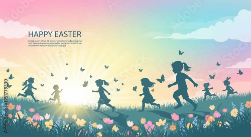 Silhouettes of children running through a vibrant flower field with butterflies under a colorful sky at sunrise, celebrating Easter.