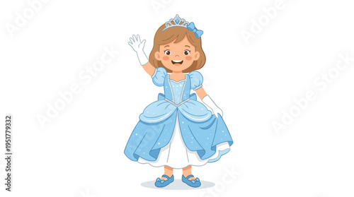 A charming girl depicted in a flat vector illustration wearing a Cinderella carnival costume, happily waving in princess attire against a white background